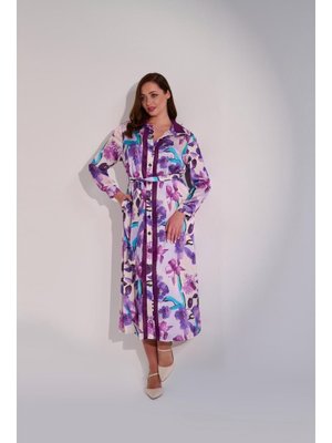 Mor Büyük Beden Gömlek Yakalı Ve Pat Kısmı Garnili Kemerli Elbise