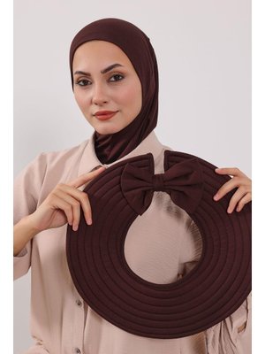 Kahverengi Türban Üzeri Penye Pratik Tak Çık Fiyonklu Şapka,sp 4,sp