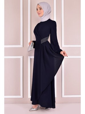 Giyim Moda Kemeri Taşlı Asimetrik Krep Tesettür Abiye Elbise Lacivert