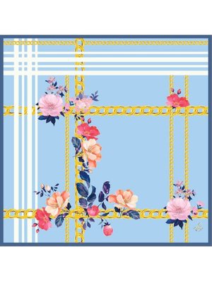Beyaz Çiçekli Desen Gold Seri Twill Eşarp Askısı İle Birlikte 90x90 Cm Bebe Mavi