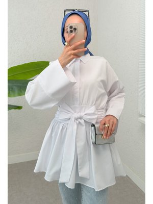 Beyaz Kimono Kol Fiyonklu Tunik