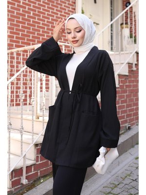 Siyah Cep Detaylı Kimono Takım