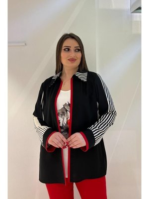 Kırmızı Büyük Beden Çizgili Ceket