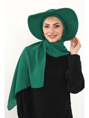 Yeşil Çıkarılabilir Arkası Fiyonklu Şapkalı Pratik Krep Şal Türban,ss