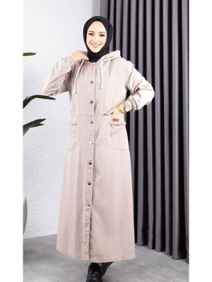 Düğmeli Kapüşonlu Cep Püsküllü Kot Kap Düğmeli Kapüşonlu Cep Püsküllü Kot Kap