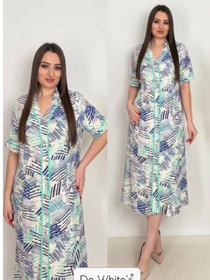 Yeşil Büyük Beden Empirme Baskılı Biye Detaylı Elbise