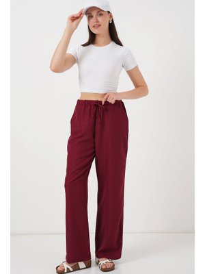 Bordo Geniş Paça Keten Pantolon Bordo Geniş Paça Keten Pantolon