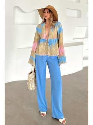 Mavi Arkası Lastikli Pileli Palazzo Pantolon