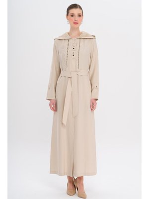 Kapüşonlu File Ve Kordon Detaylı Astrasız Modal Pardesü Taş