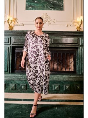 Siyah Büyük Beden Kollar Düğme Detaylı Elbise