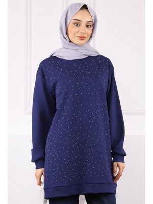 Lacivert Bisiklet Yaka Taşlı Modal Tunik