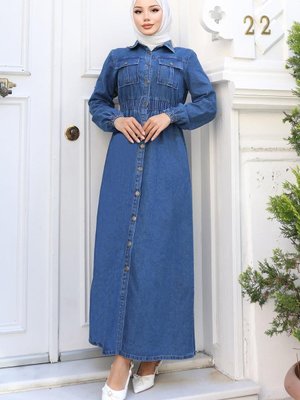 Beli Lastikli Açık Mavi Kot Ferace Elbise Beli Lastikli Açık Mavi Kot Ferace Elbise