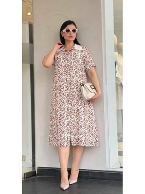 Büyük Beden Yaka Ve Kol Bantı Brodereli Gömlek Elbise Kahve