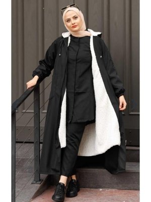 Kadin Fermuarli Cepli Kapüşonlu Bondit Mont