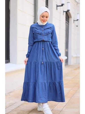 Fır Fırlı Denim Kot Elbise