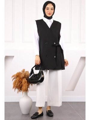 Siyah Yan Bağlamalı Dügmeli Krep Yelek