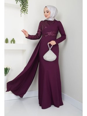 Giyim Moda Pul Payet Pelerinli Balık Abiye Elbise Mürdüm