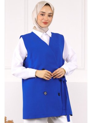 Saks Mavi Yan Bağlamalı Dügmeli Krep Yelek