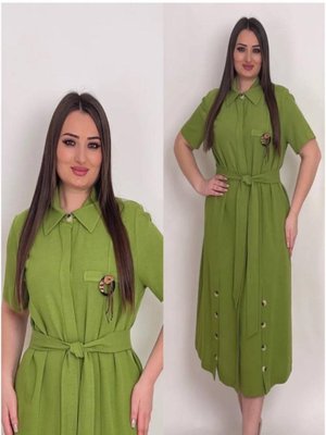 Büyük Beden Keten Kuşaklı Gömlek Elbise Yeşil