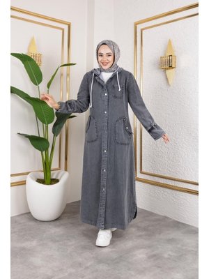 Cepli Düğmeli Kapüşonlu Denim Kot Trençkot Cepli Düğmeli Kapüşonlu Denim Kot Trençkot