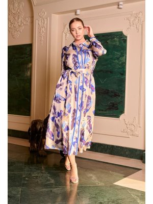 Büyük Beden Gömlek Yakalı Ve Pat Kısmı Garnili Kemerli Elbise Saks