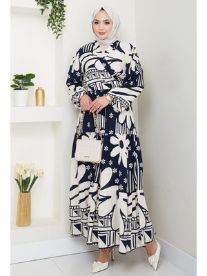 Çiçekli Geometrik Desen Lacivert Viskon Takım