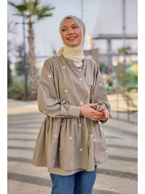 Nakış İşlemeli Yandan Bağlamalı Tunik Küf Yeşil