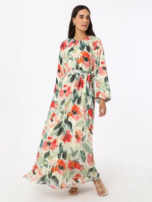 Turuncu Balon Kollu Çiçek Desenli Şifon Elbise