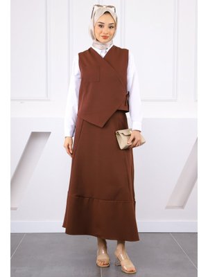 Kahverengi Tek Cepli Yelek Etekli Takım