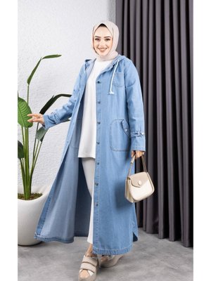Cepli Düğmeli Kapüşonlu Denim Kot Trençkot