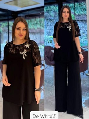 Siyah Büyük Beden Kısa Kol Kollu Dantel Ve Fiyok Aksesuarlı Bluz