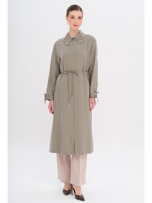 Gri Yakası Boncuk Kolu Büzgü Detaylı Astarsız Modal Kap