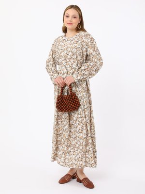 Büyük Beden Çıtır Çiçek Desenli Elbise Bej Çiçekli Büyük Beden Çıtır Çiçek Desenli Elbise Bej Çiçekli