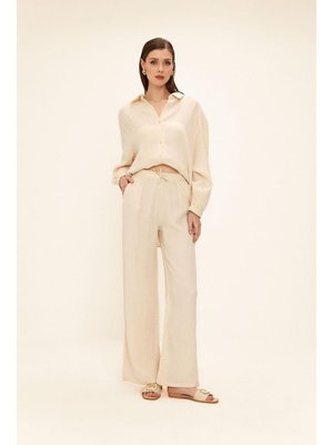 Bej Beli Lastikli Müslin Pantolon