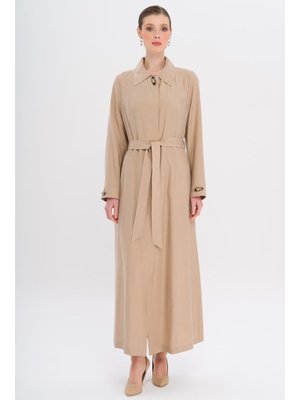 Bej Gömlek Yaka Aksesuar Detaylı Astarsız Modal Büyük Beden Pardesü