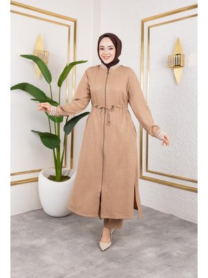 Bej Ribanalı Fermuarlı Keten İkili takım