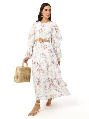 Beyaz Çiçek Desenli Fırfır Detaylı Şifon Elbise Kırmızı