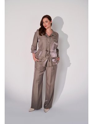 Haki Büyük Beden Li Önü Düğme Detaylı Ve Kolu Katlamalı Ceketli Pantolonlu Takım