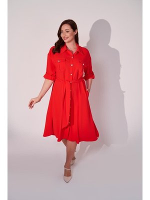 Büyük Beden Gömlek Yaka Düğmeli Elbise Coral