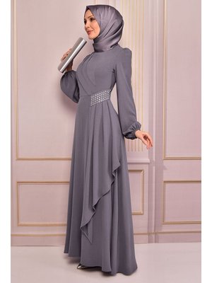 Giyim Moda Kemeri Taşlı Asimetrik Krep Tesettür Abiye Elbise Gri