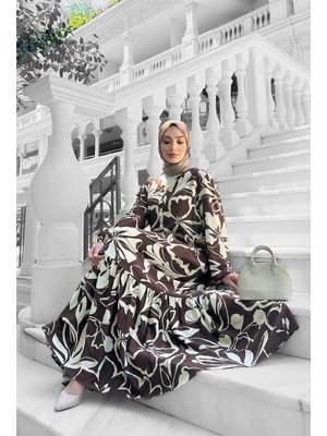 Kahverengi Yonca Desenli Elbise