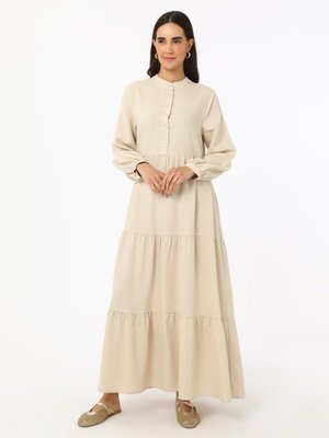 Bej Keten Karışımlı Düğme Detaylı Elbise