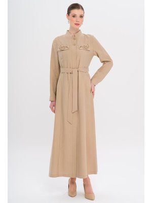 Bej Hakim Yaka Boncuk Ve İşleme Detaylı Astarsız Modal Pardesü