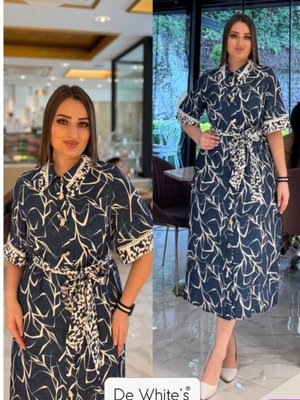 Büyük Beden Yaka Ve Kol Da Dantel Garnili Kemerli Elbise İndigo