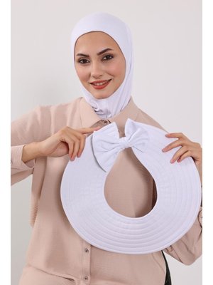Beyaz Türban Üzeri Penye Pratik Tak Çık Fiyonklu Şapka,sp 4,sp