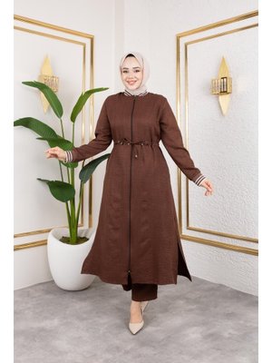 Kahverengi Ribanalı Fermuarlı Keten İkili Takım