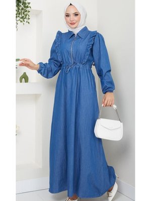 Fermuar Detaylı Fırfırlı Kot Elbise