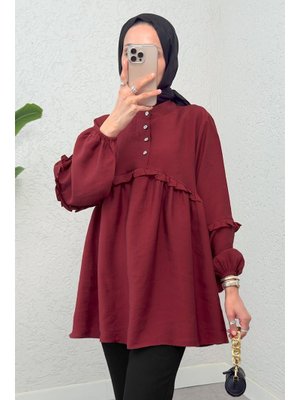 Bordo Fırfırlı Balon Kol Tunik Bordo Fırfırlı Balon Kol Tunik