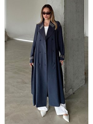 Lacivert Yakası Ve Kol Ağzı Taş Bezeli Astarsız Kap