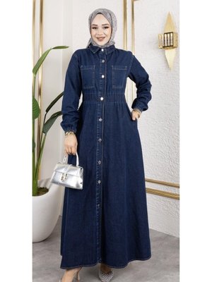 Belden Lastikli Cep Detaylı Kot Elbise
